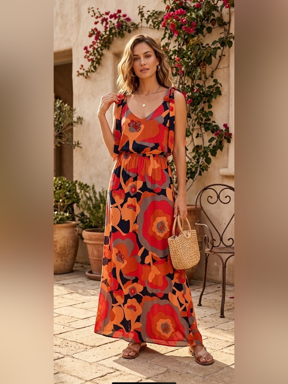 Judith March Floral Maxi Dress Multicolor Boho Chic Sz L Shoulder Tie Navy Orang